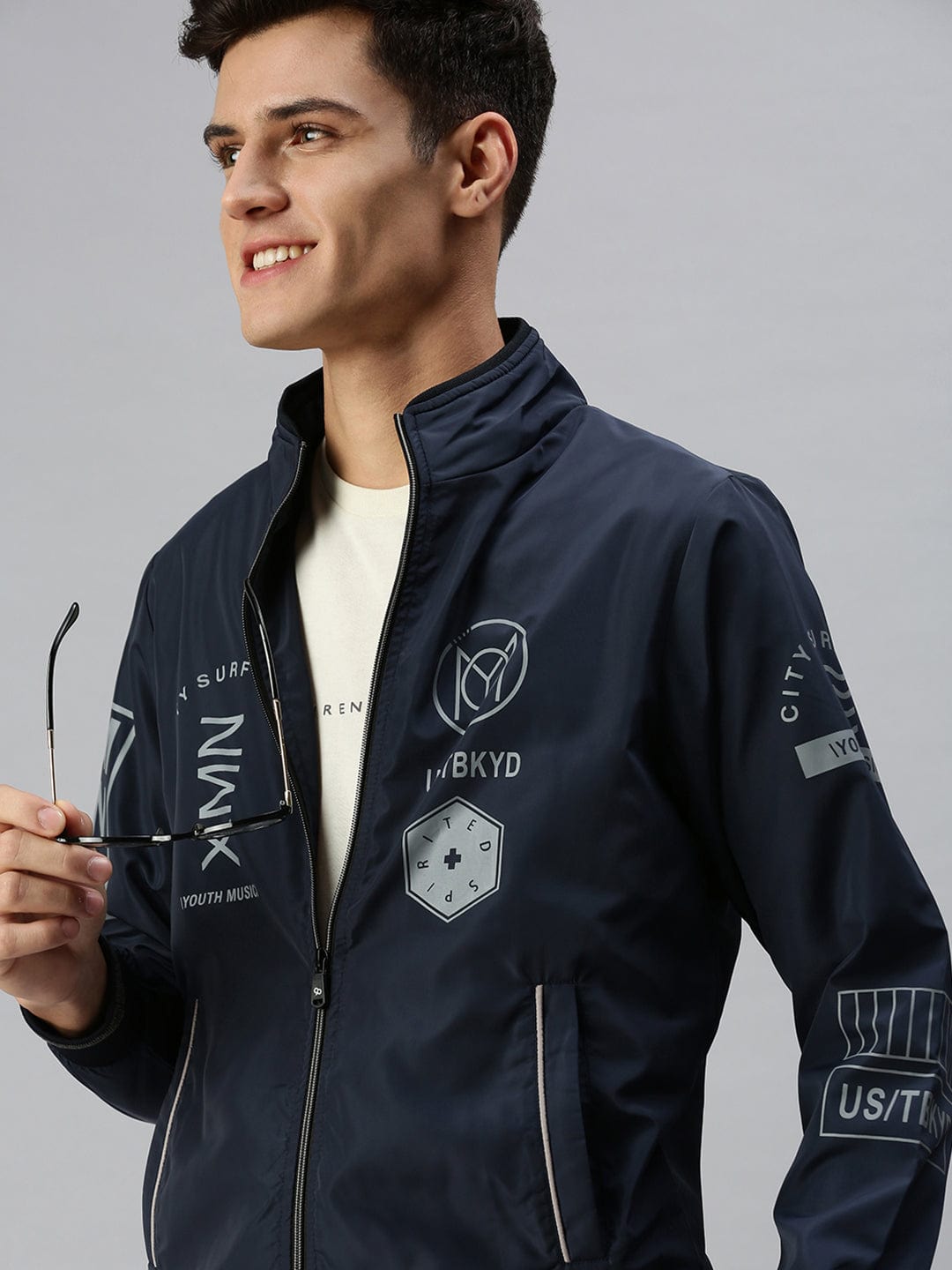 Men's Blue Bomber with Patchwork Jacket