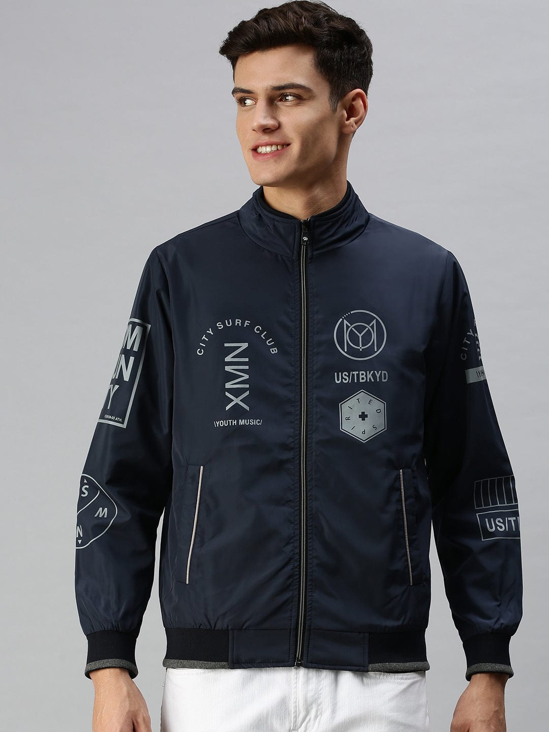 Men's Blue Bomber with Patchwork Jacket
