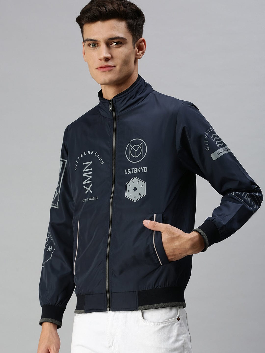 Men's Blue Bomber with Patchwork Jacket