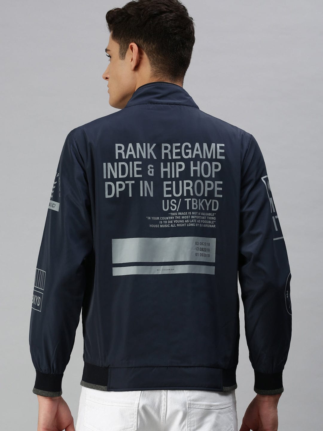 Men's Blue Bomber with Patchwork Jacket