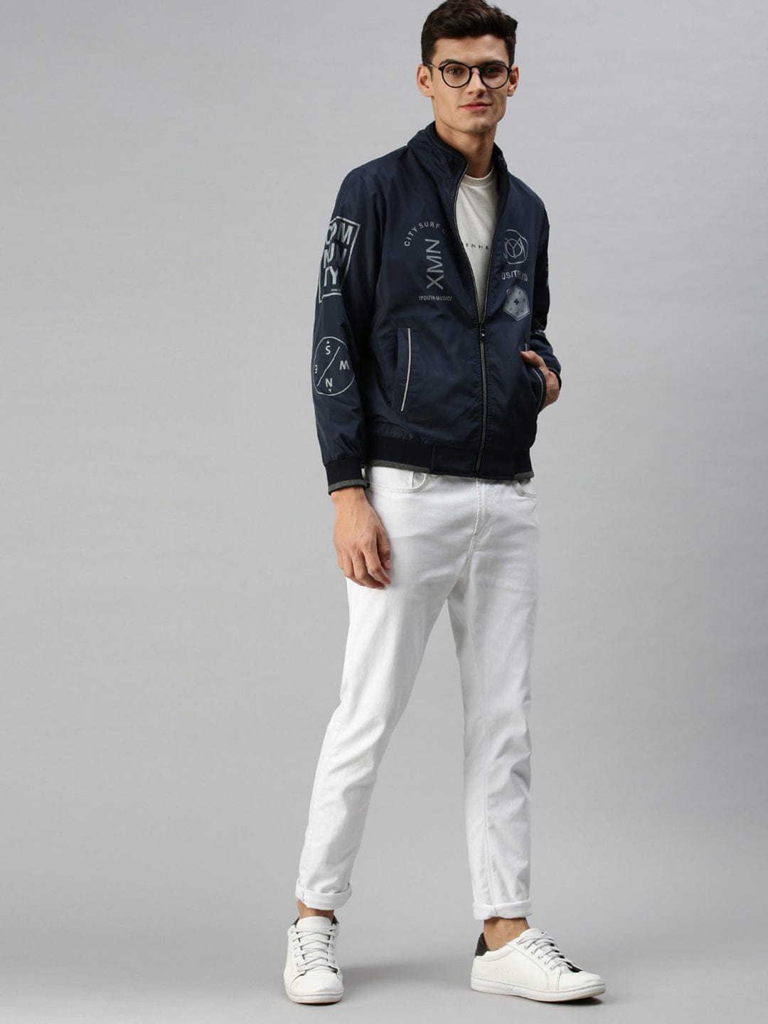 Men's Blue Bomber with Patchwork Jacket