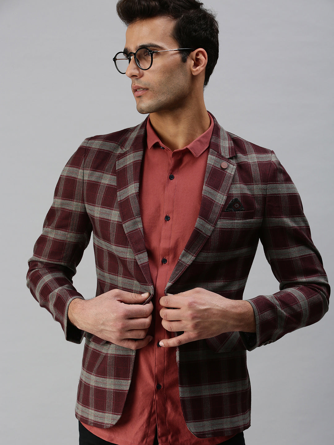 Men's Maroon Checked Printed Single-Breasted Slim-Fit Casual Blazer