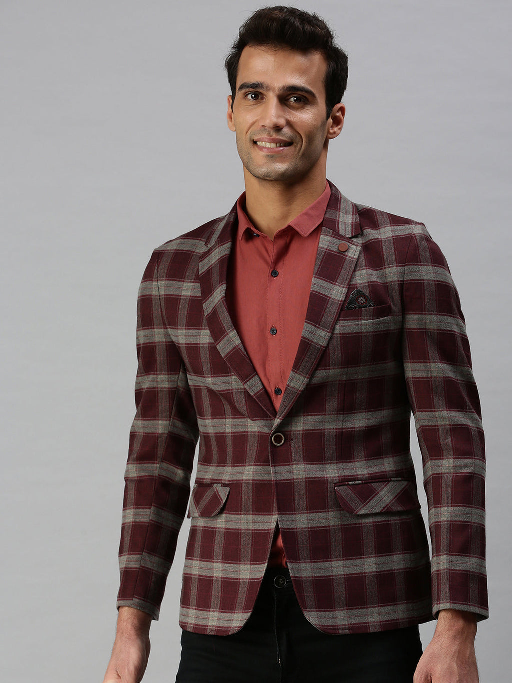 Men's Maroon Checked Printed Single-Breasted Slim-Fit Casual Blazer