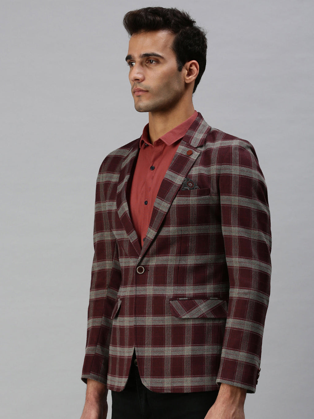 Men's Maroon Checked Printed Single-Breasted Slim-Fit Casual Blazer