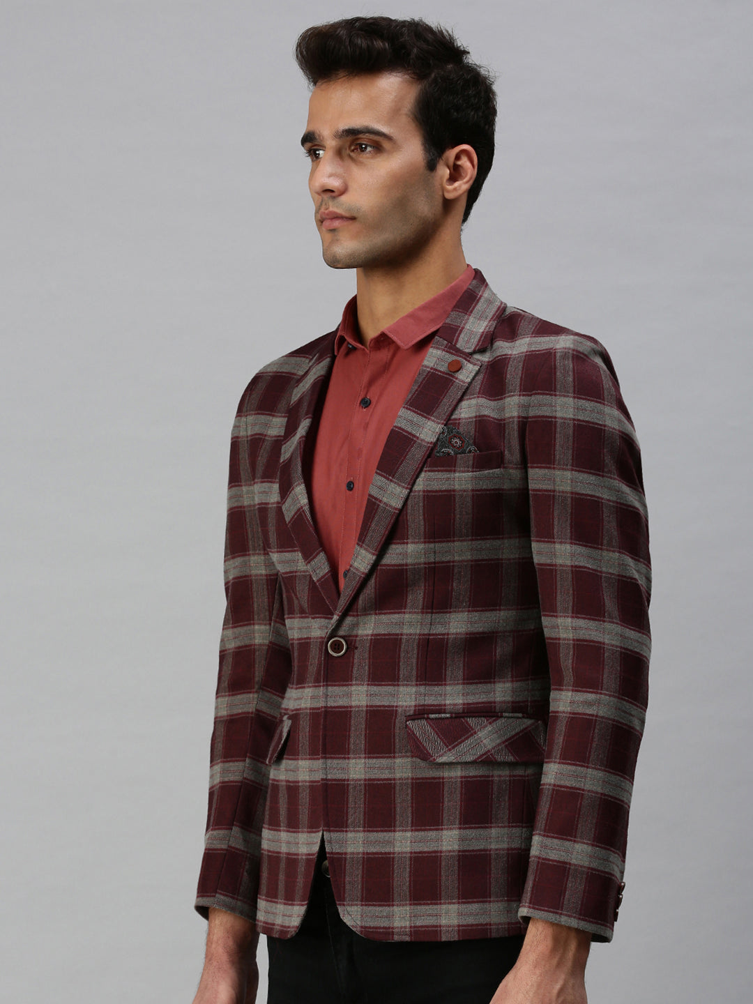 Men's Maroon Checked Printed Single-Breasted Slim-Fit Casual Blazer