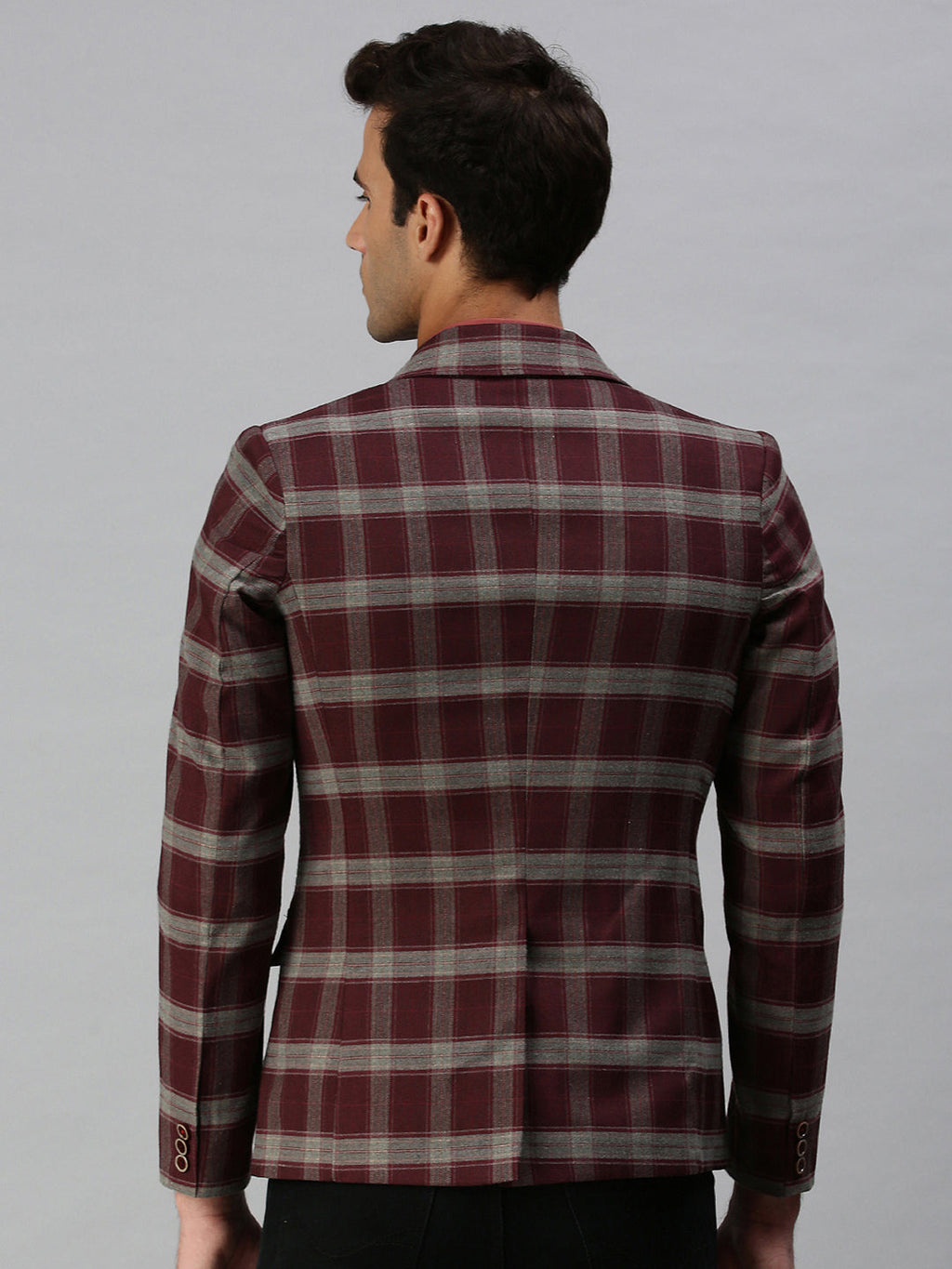 Men's Maroon Checked Printed Single-Breasted Slim-Fit Casual Blazer