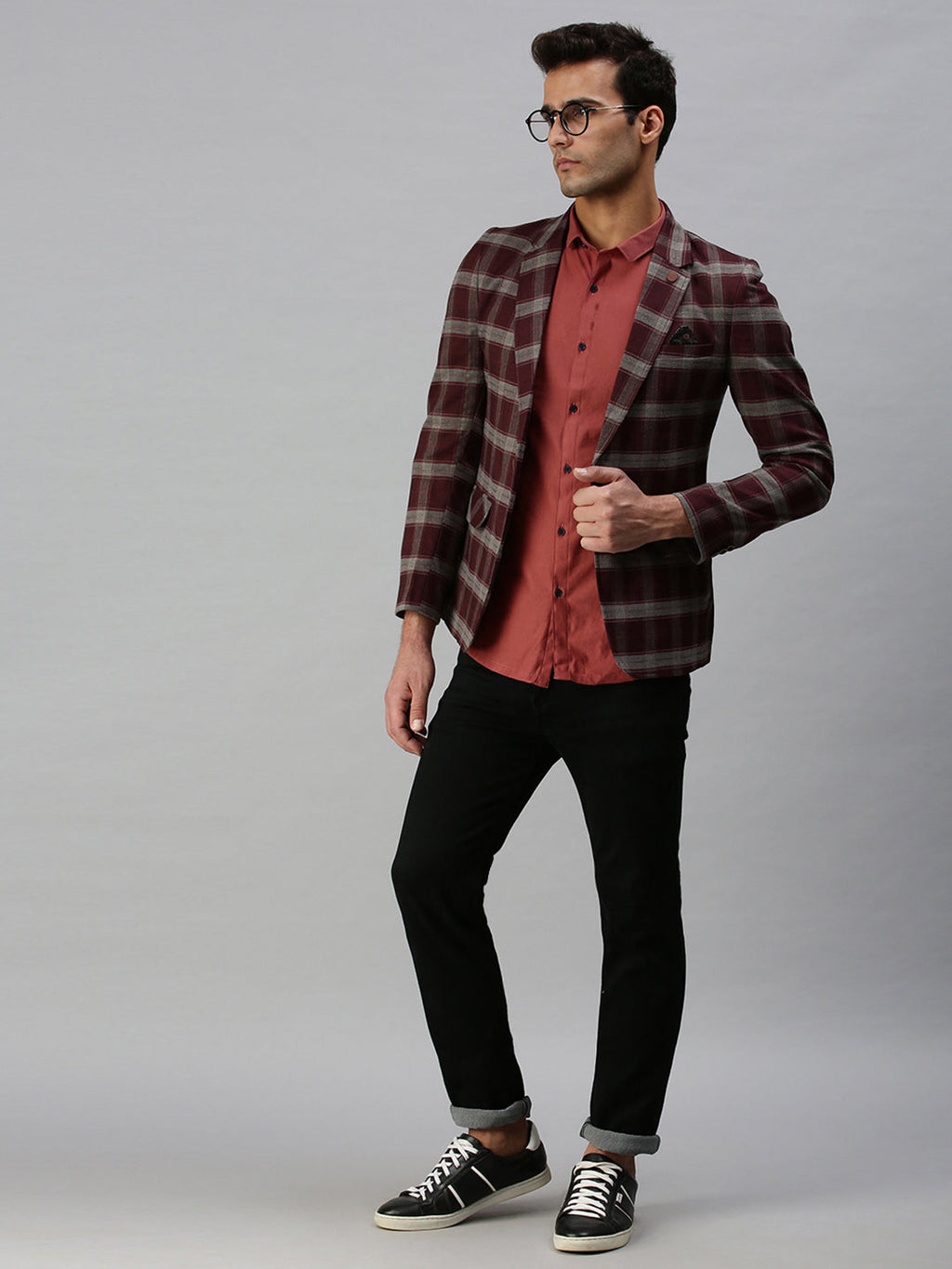 Men's Maroon Checked Printed Single-Breasted Slim-Fit Casual Blazer