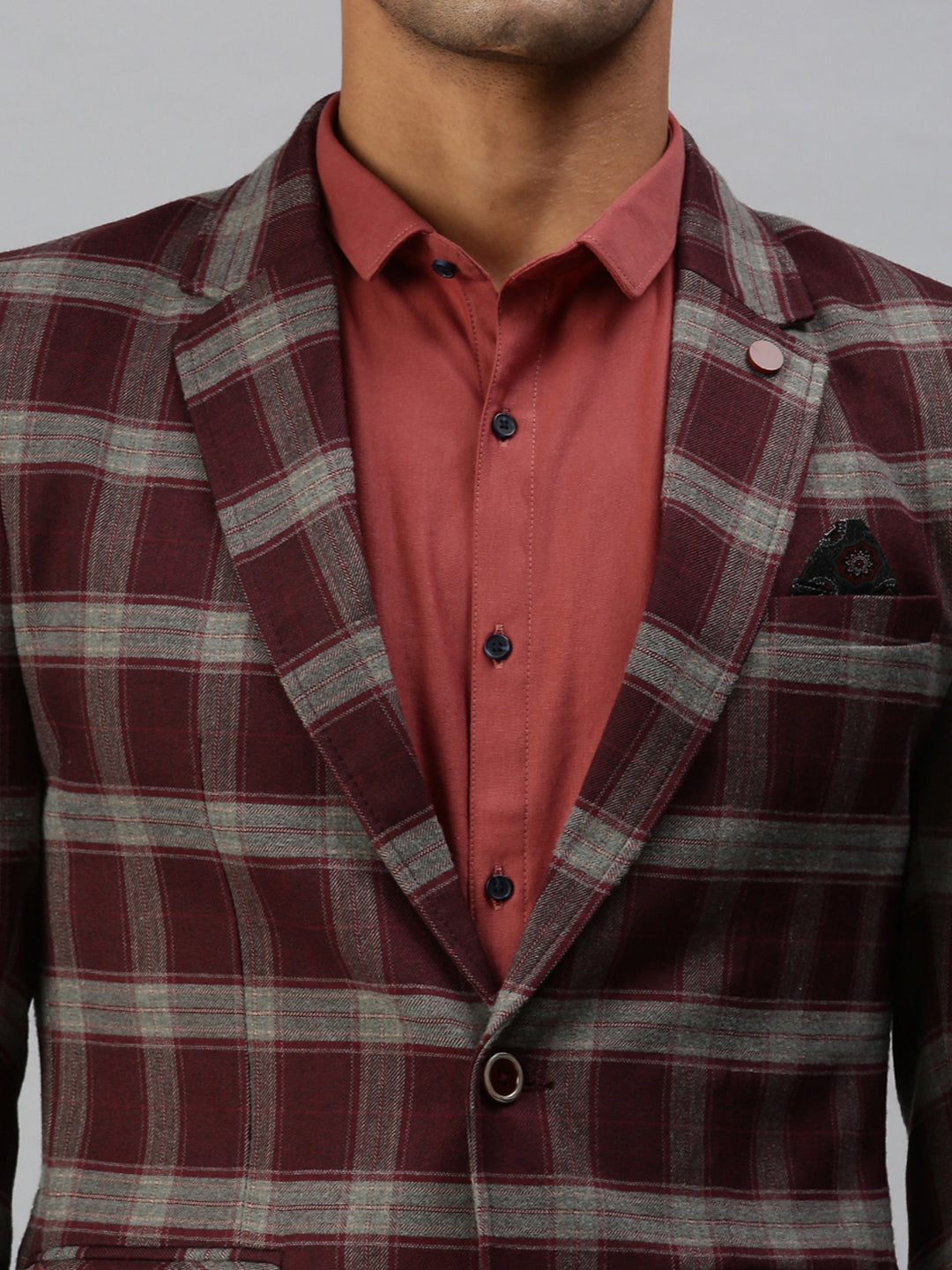 Men's Maroon Checked Printed Single-Breasted Slim-Fit Casual Blazer
