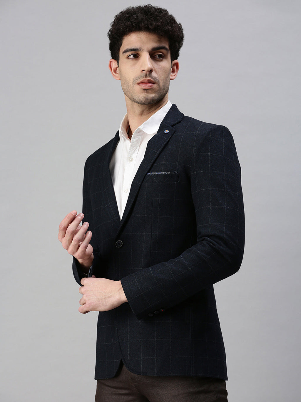 Men's Navy Blue Solid Slim-Fit Single-Breasted Formal Blazers