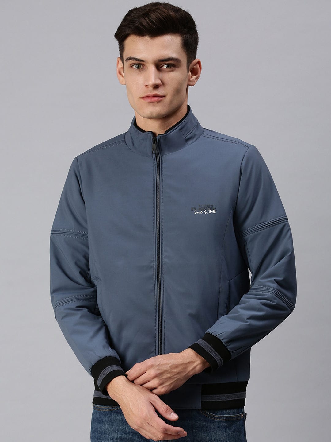 Men's Blue Typography Sporty Bomber Jacket