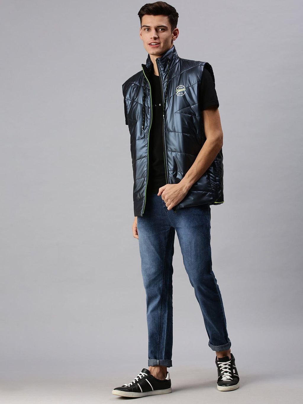 Men's Blue Lightweight Bomber with Patchwork Jacket