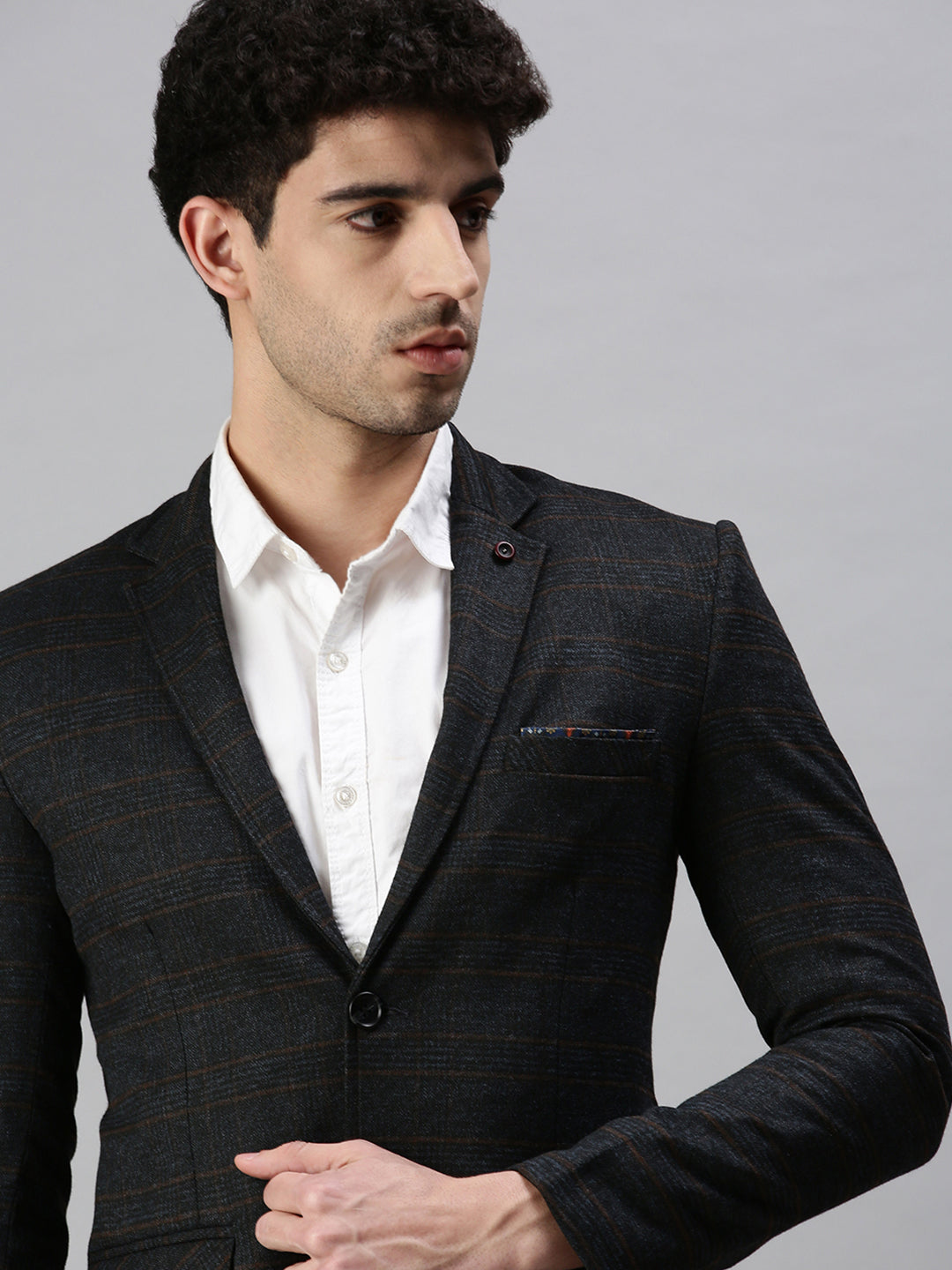 Men's Black Checked Single-Breasted Slim-Fit Casual Blazer