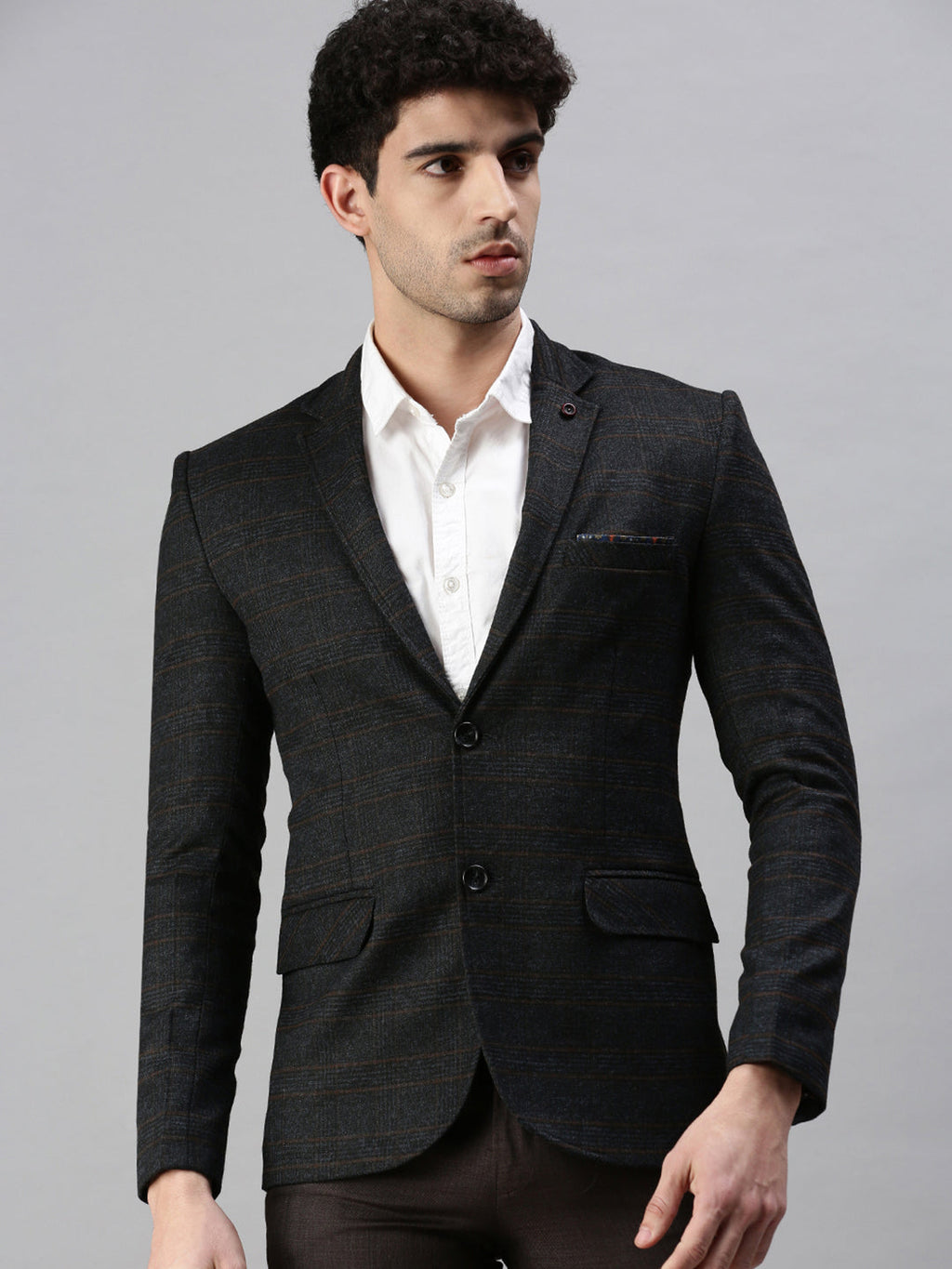 Men's Black Checked Single-Breasted Slim-Fit Casual Blazer