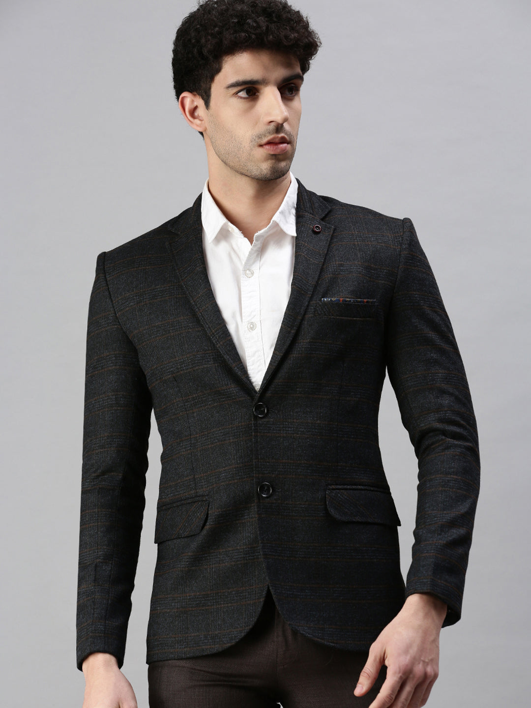 Men's Black Checked Single-Breasted Slim-Fit Casual Blazer