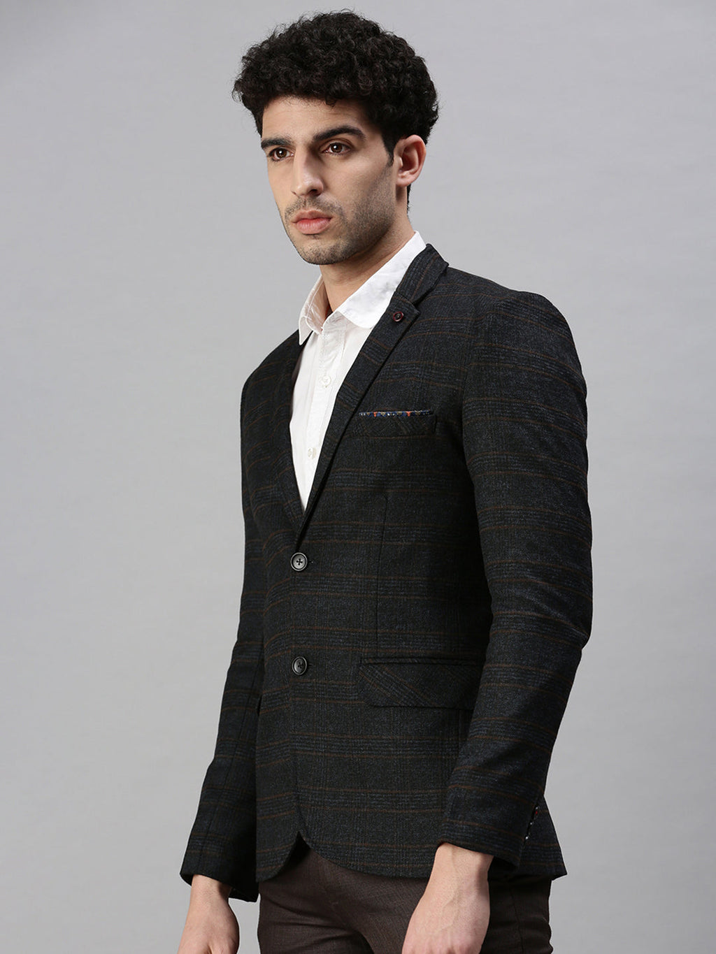 Men's Black Checked Single-Breasted Slim-Fit Casual Blazer