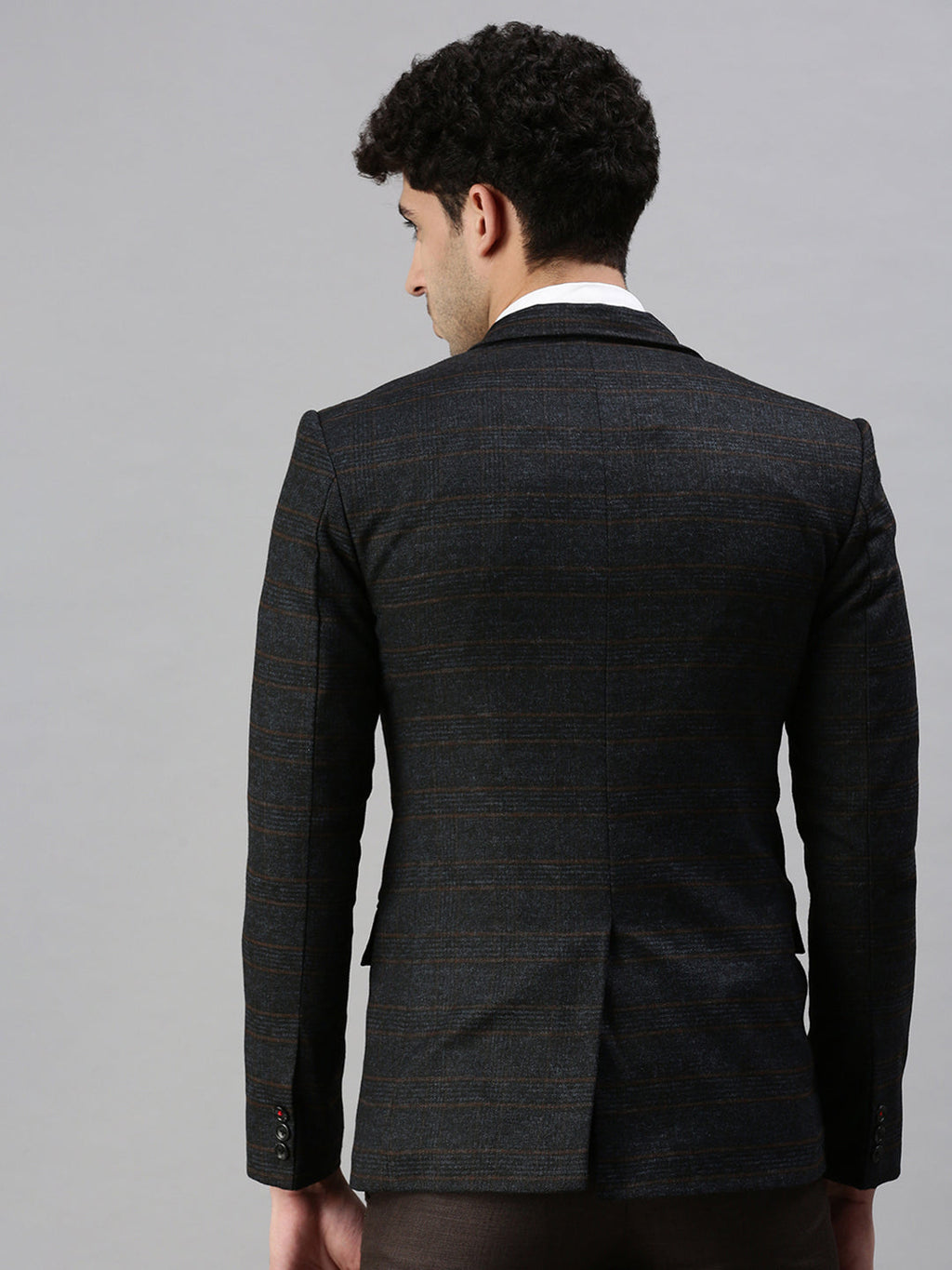 Men's Black Checked Single-Breasted Slim-Fit Casual Blazer