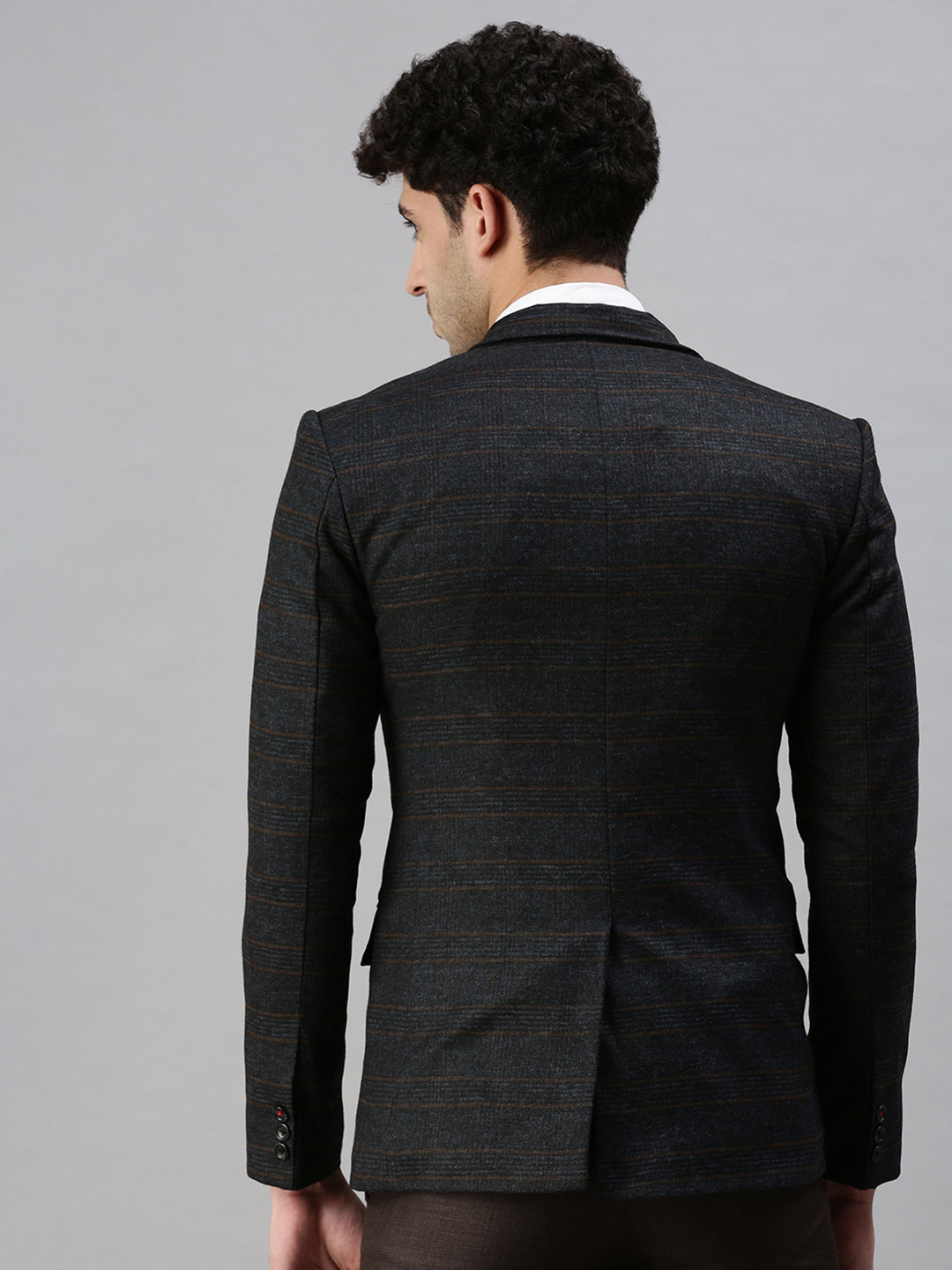Men's Black Checked Single-Breasted Slim-Fit Casual Blazer