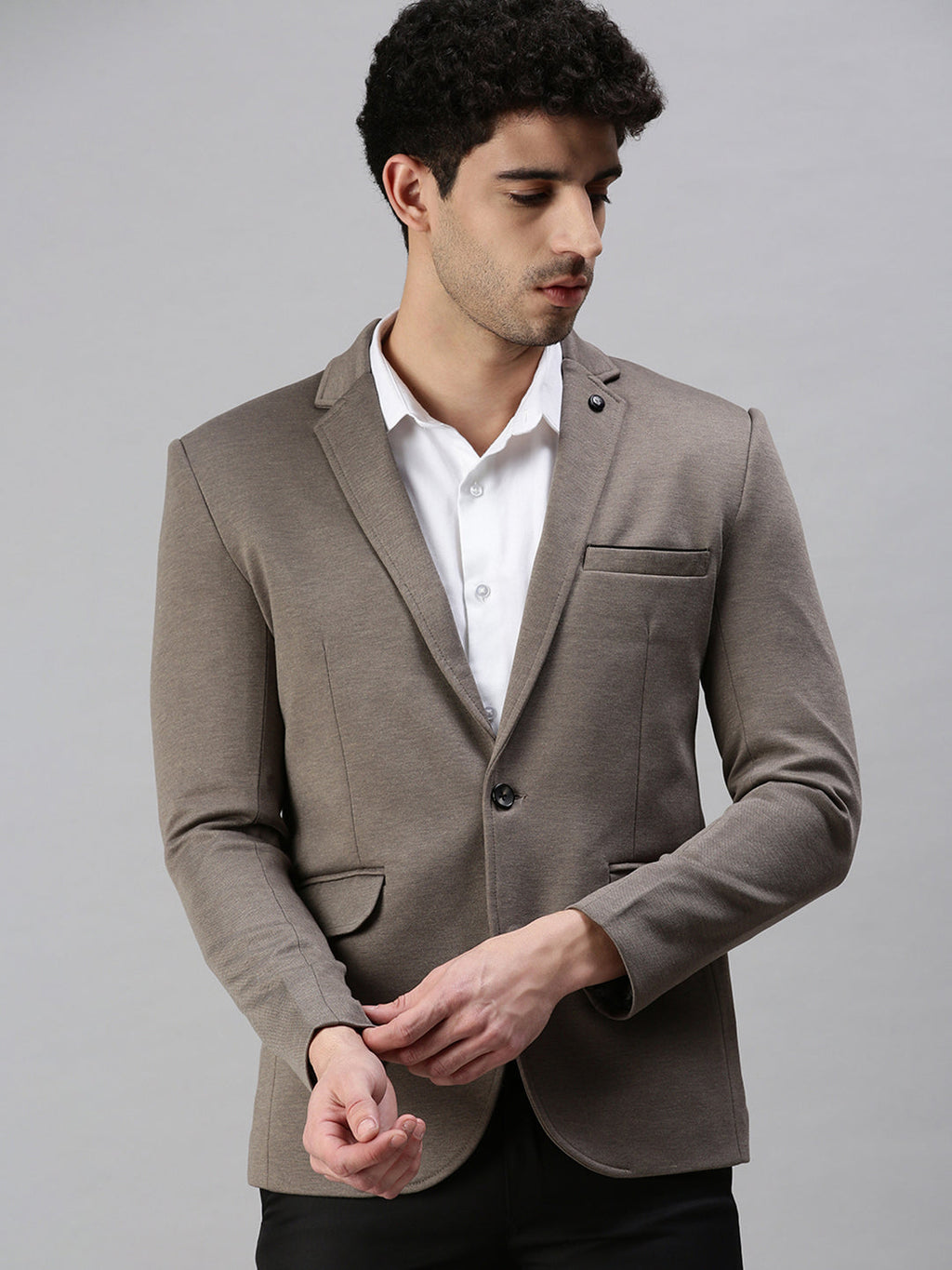 Men's Grey Solid Slim-Fit Single-Breasted Casual Blazers