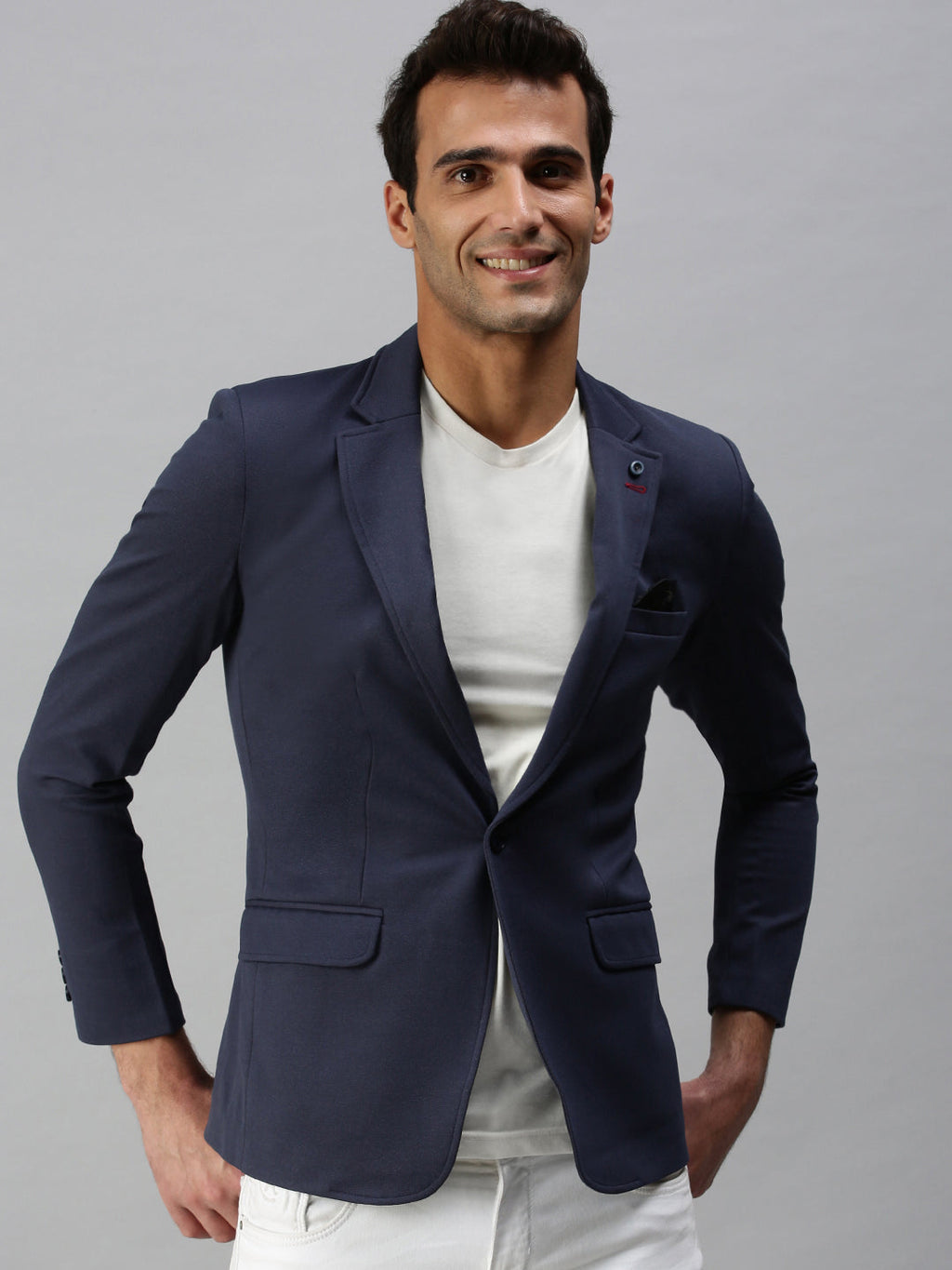 Men's Navy Blue Solid Slim-Fit Single-Breasted Casual Blazers