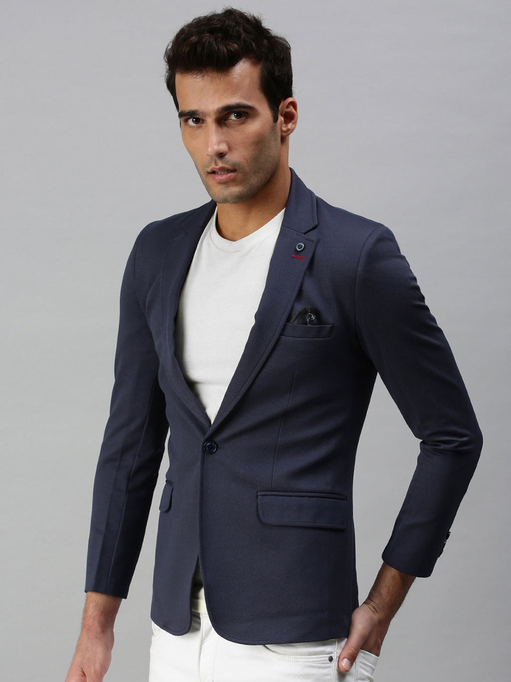 Men's Navy Blue Solid Slim-Fit Single-Breasted Casual Blazers