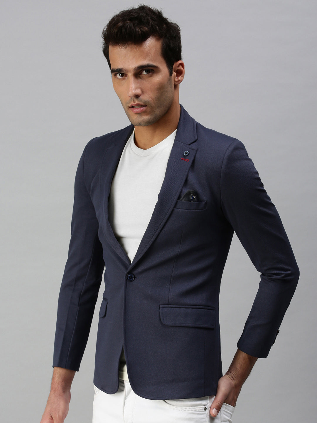 Men's Navy Blue Solid Slim-Fit Single-Breasted Casual Blazers