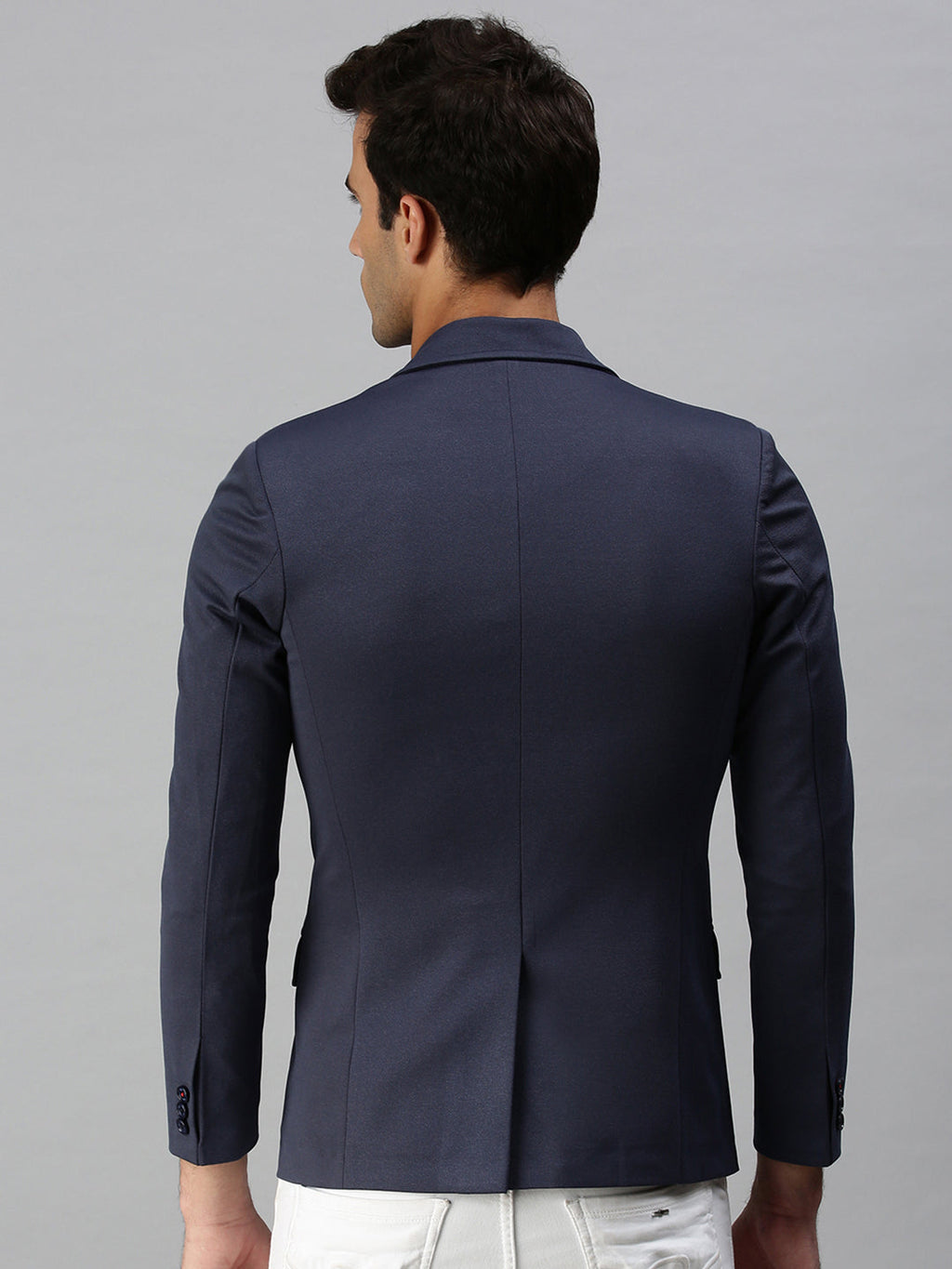 Men's Navy Blue Solid Slim-Fit Single-Breasted Casual Blazers