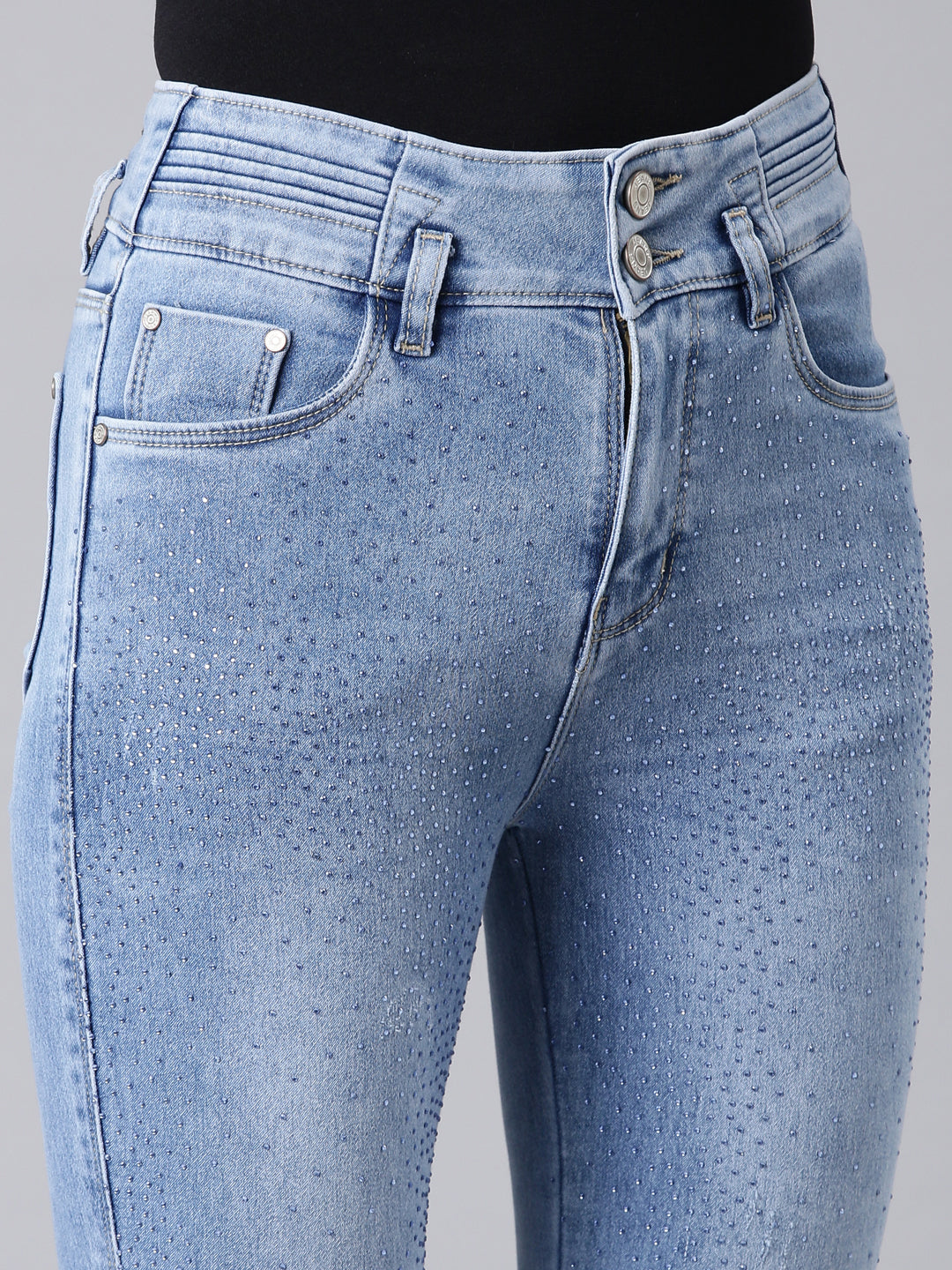 Women's Blue Straight Fit Mid-Rise Light Fade Embellished Denim Jeans