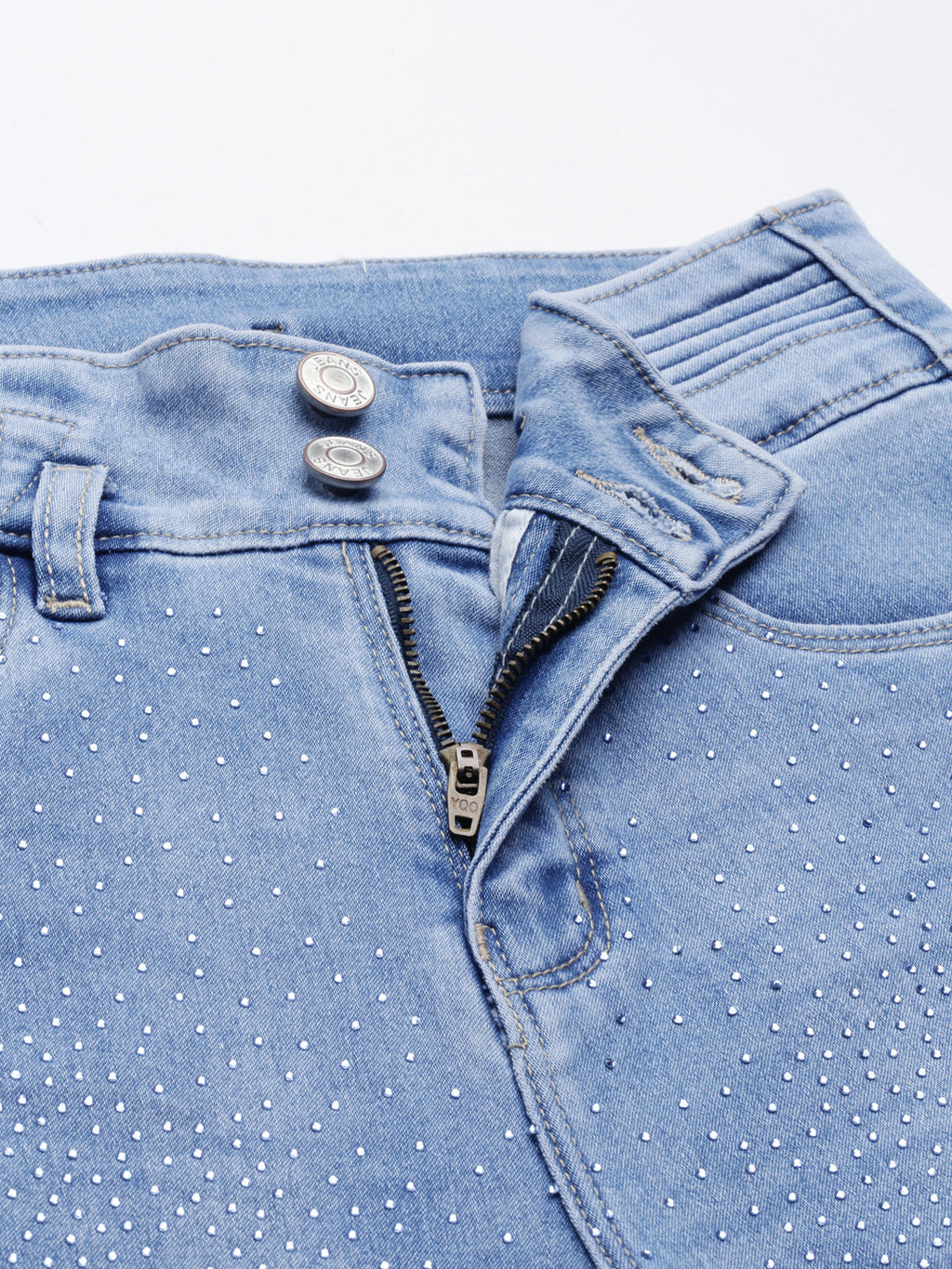 Women's Blue Straight Fit Mid-Rise Light Fade Embellished Denim Jeans