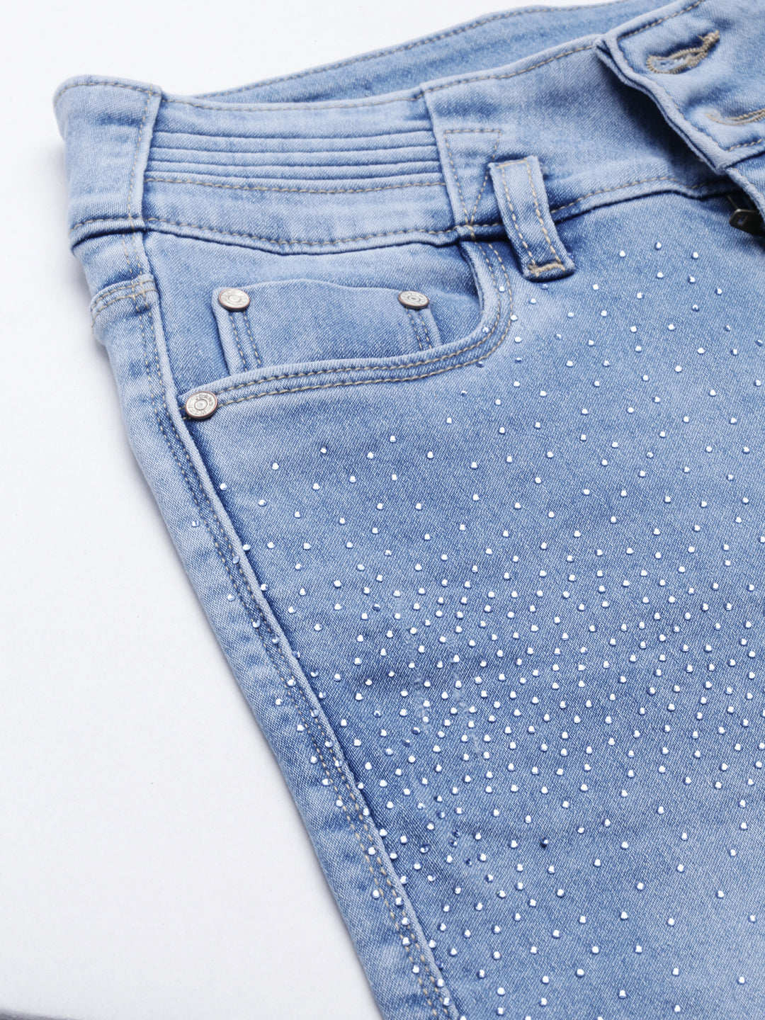 Women's Blue Straight Fit Mid-Rise Light Fade Embellished Denim Jeans