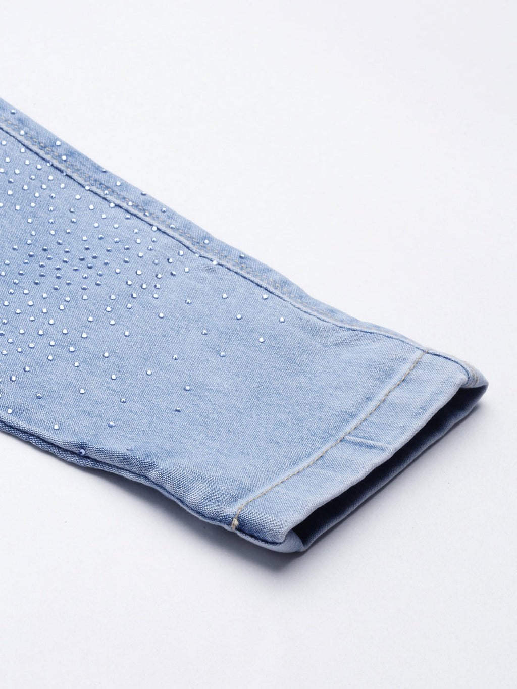 Women's Blue Straight Fit Mid-Rise Light Fade Embellished Denim Jeans