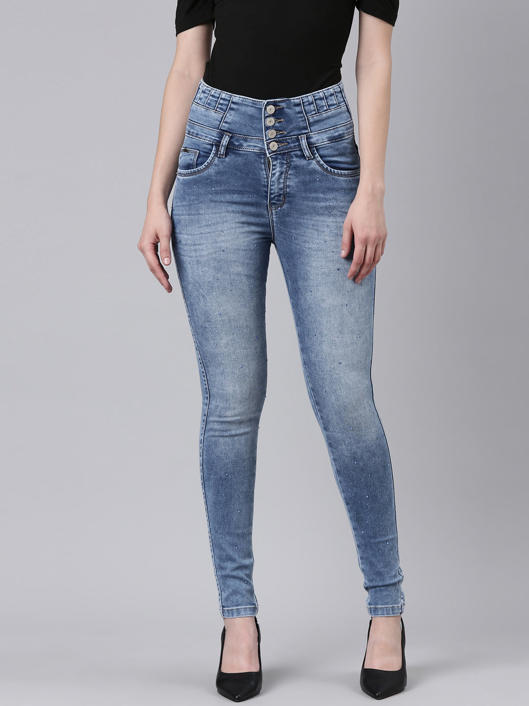 Women's Blue Slim Fit Heavy Fade Embellished Stretchable Denim Jeans