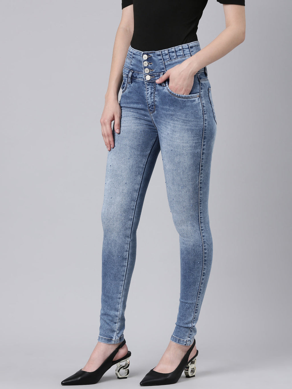 Women's Blue Slim Fit Heavy Fade Embellished Stretchable Denim Jeans