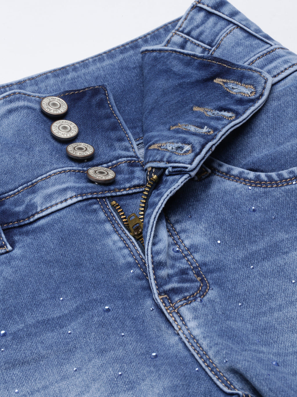 Women's Blue Slim Fit Heavy Fade Embellished Stretchable Denim Jeans