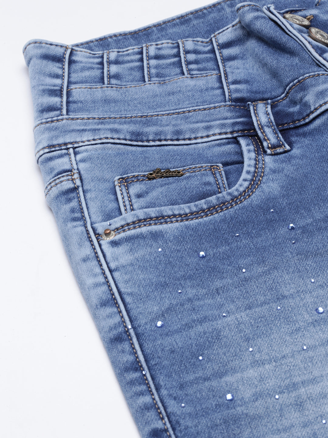 Women's Blue Slim Fit Heavy Fade Embellished Stretchable Denim Jeans