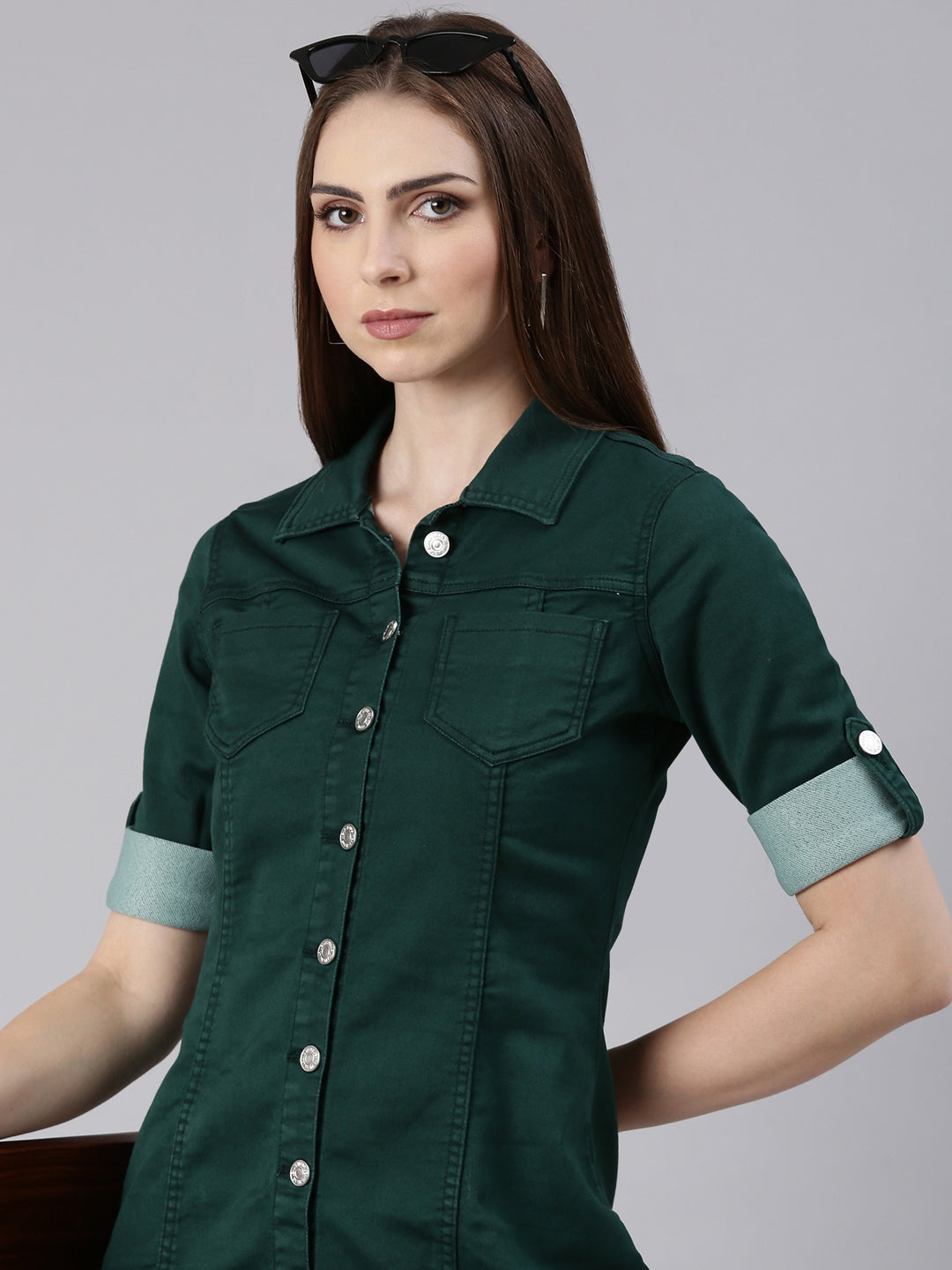 Women's Green Roll Up Sleeves Cotton Shirt Dress