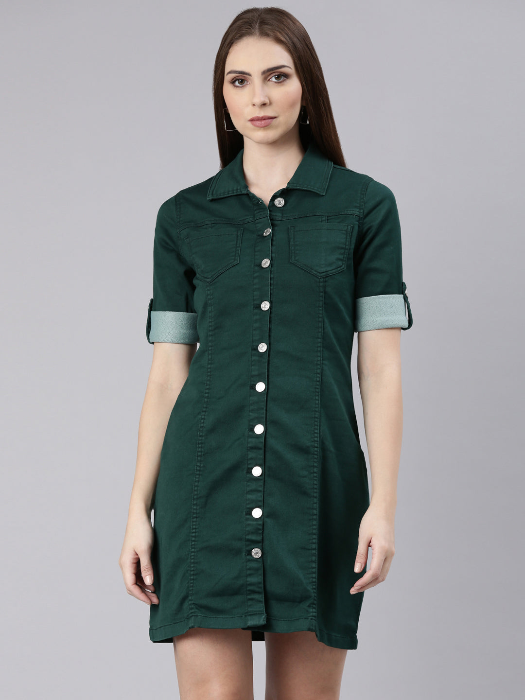 Women's Green Roll Up Sleeves Cotton Shirt Dress