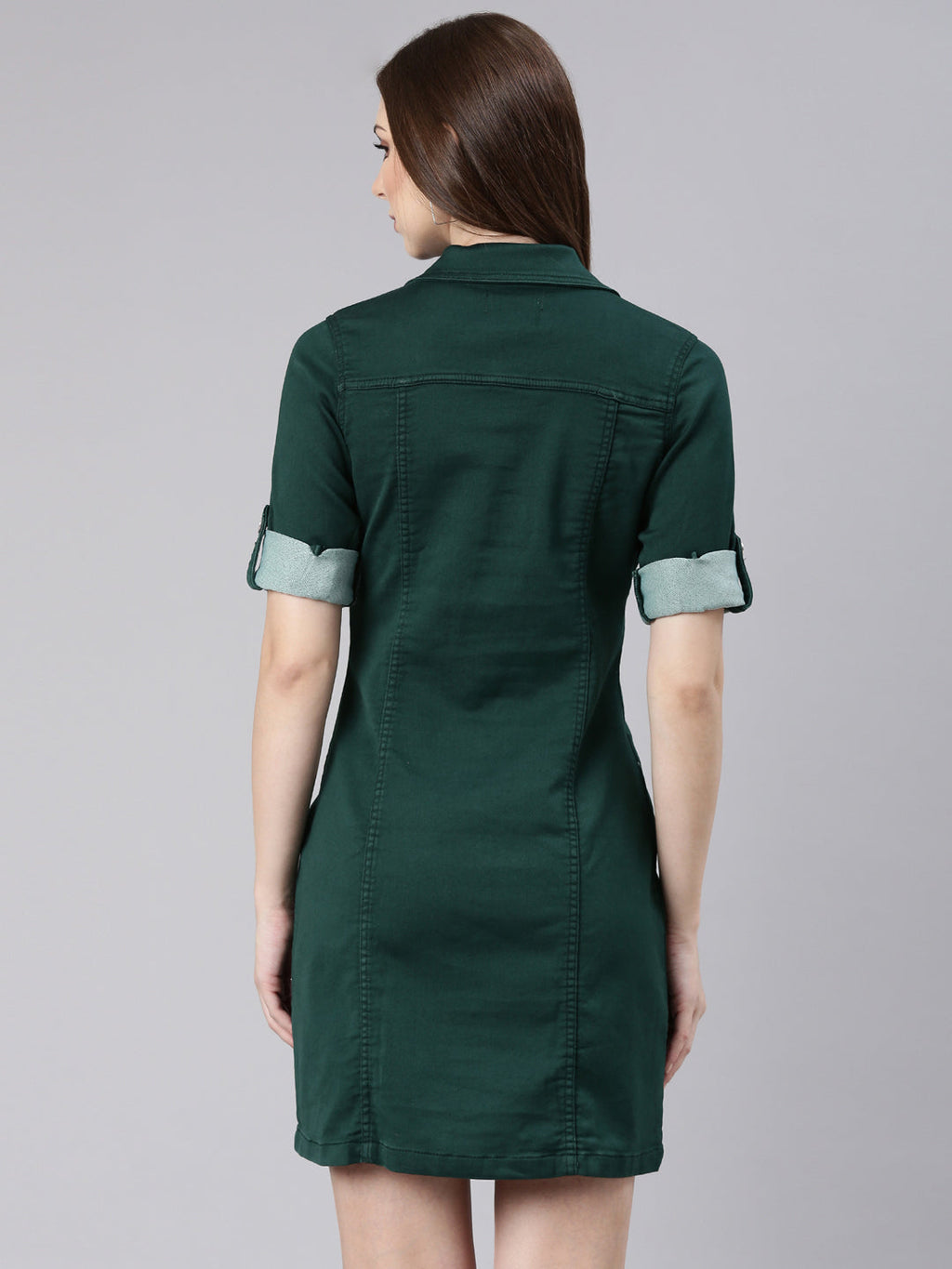 Women's Green Roll Up Sleeves Cotton Shirt Dress