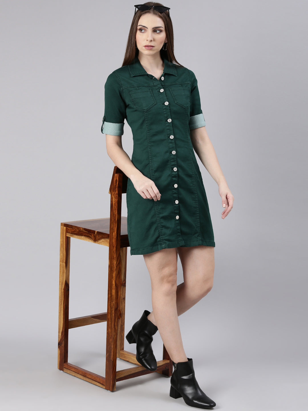Women's Green Roll Up Sleeves Cotton Shirt Dress