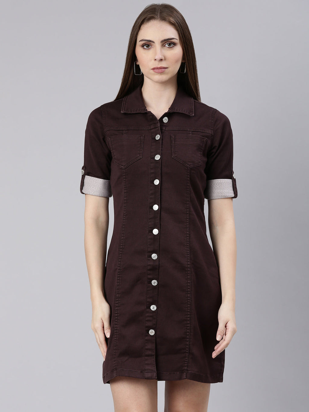 Women's Violet Shirt Collar Cotton Shirt Dress