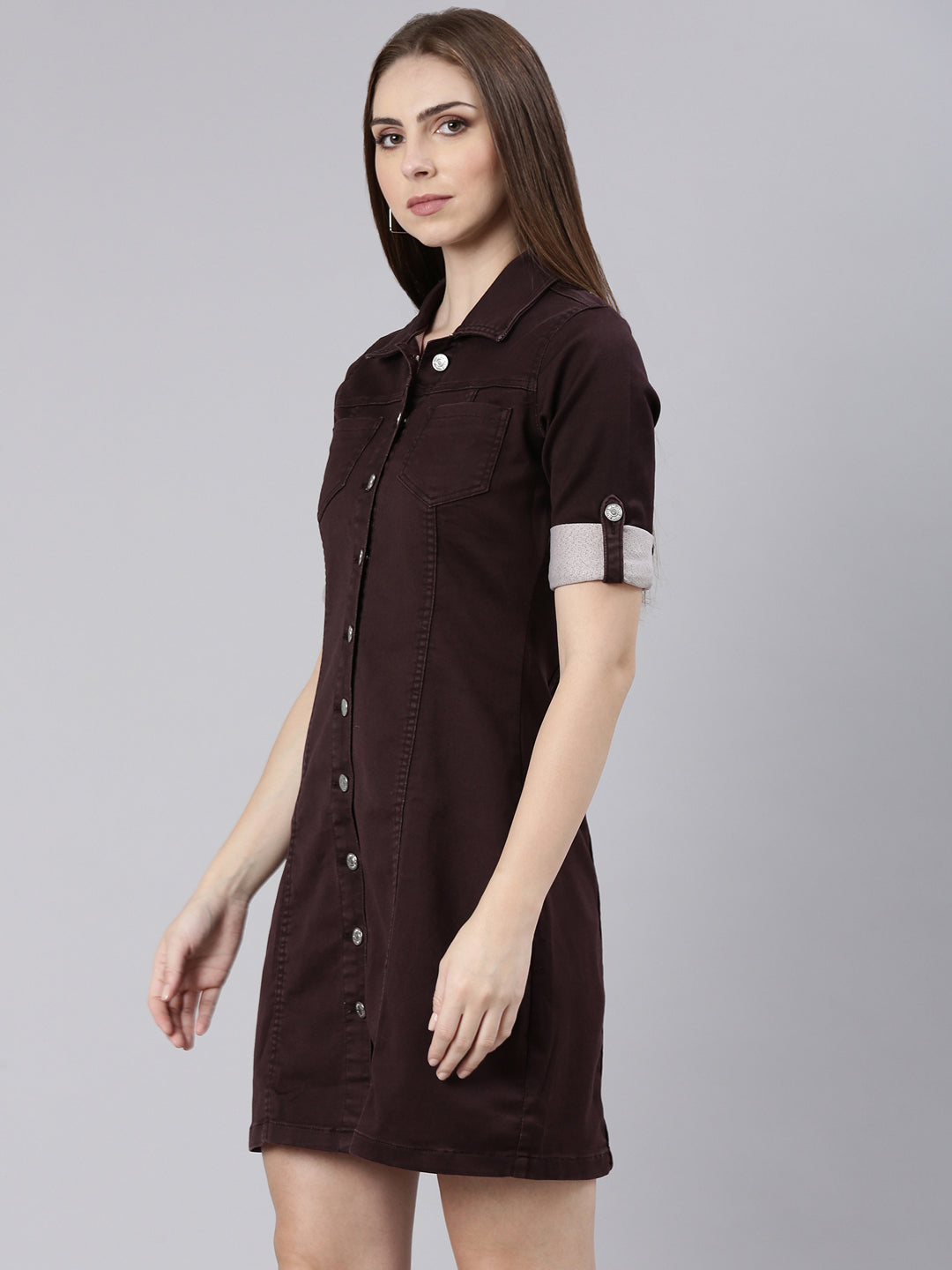 Women's Violet Shirt Collar Cotton Shirt Dress