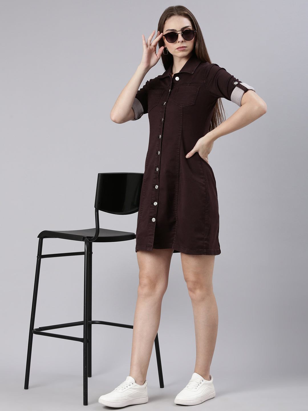 Women's Violet Shirt Collar Cotton Shirt Dress