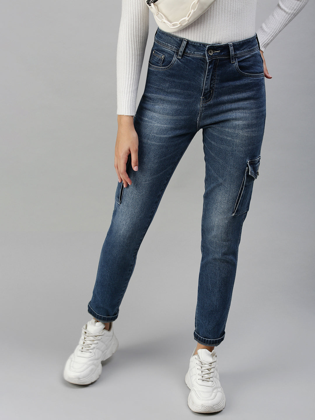 Women's Blue Relaxed Fit High-Rise Heavy Fade Stretchable Denim Jeans