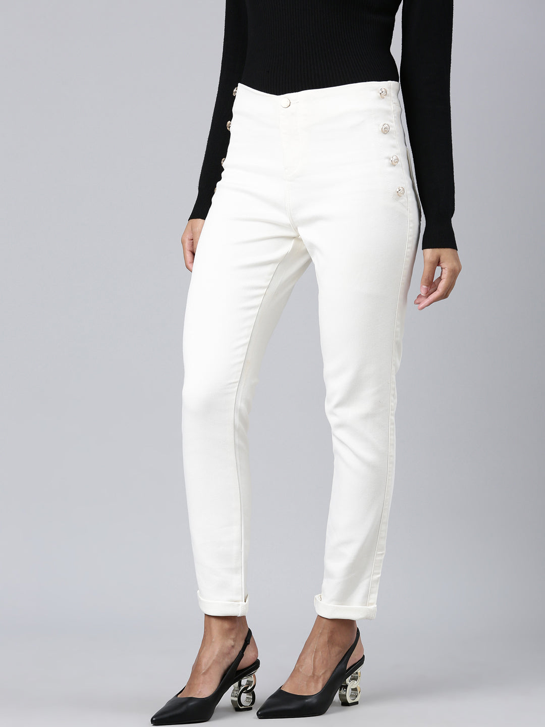 Women's Off White Slim Fit Stretchable Denim Jeans