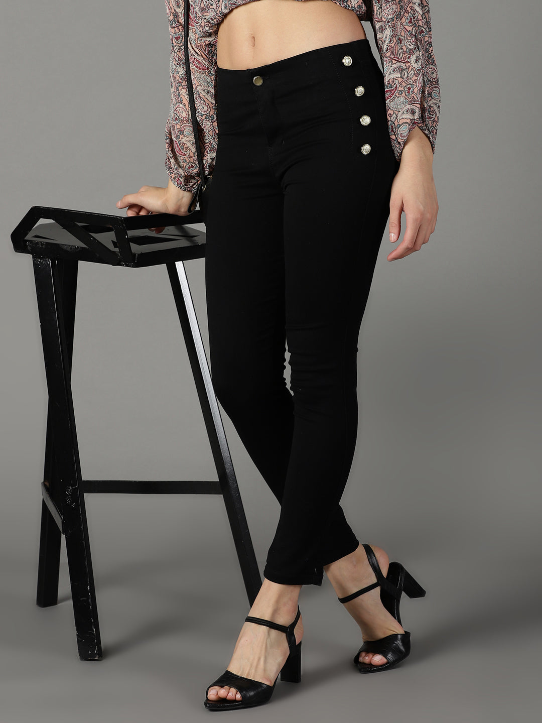 Women's Black Slim Fit High-Rise Slash Knee Acid Wash Stretchable Cotton Jeans