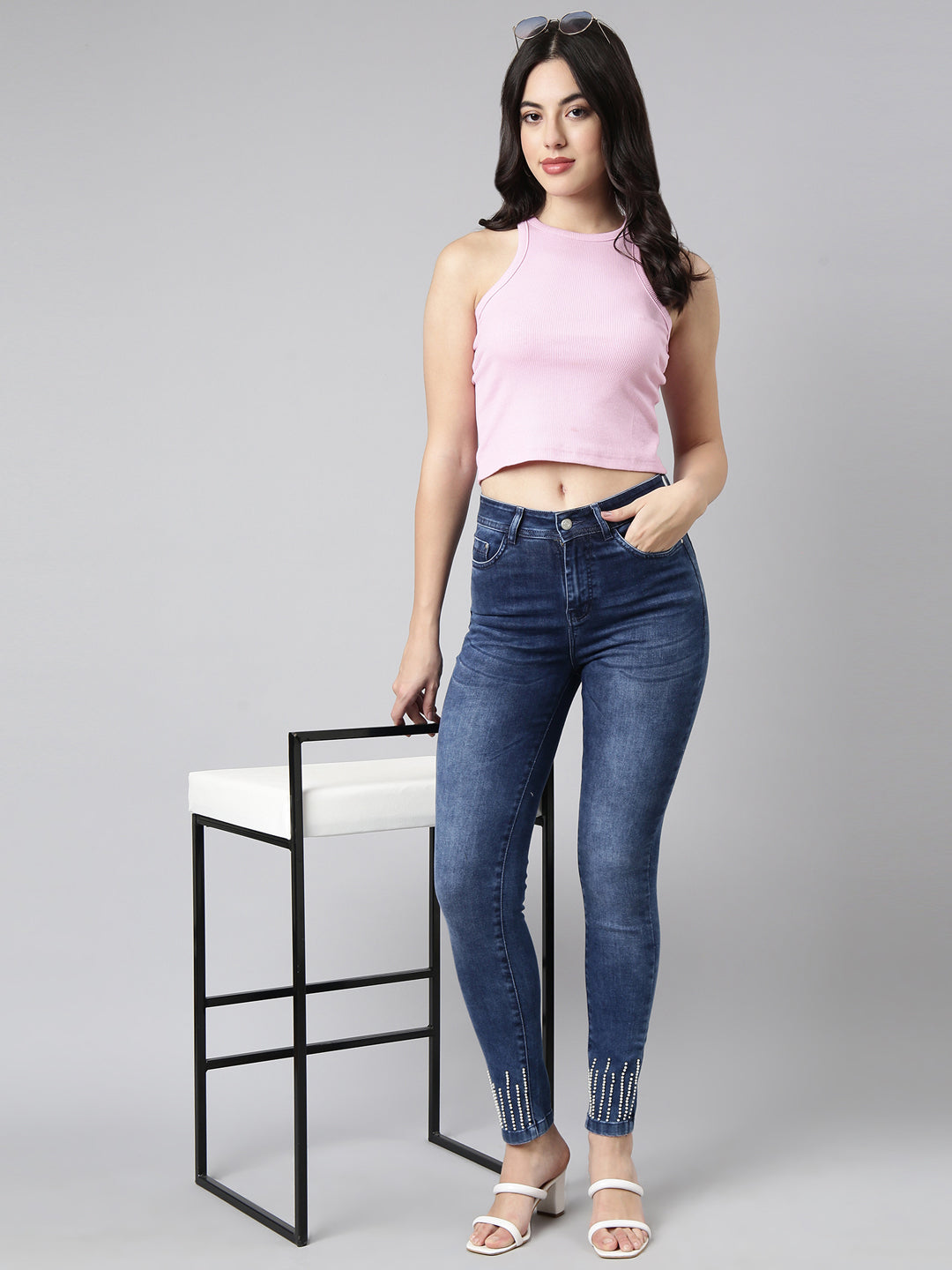 Women's Navy Blue Skinny Fit Light Fade Embellished Jeans