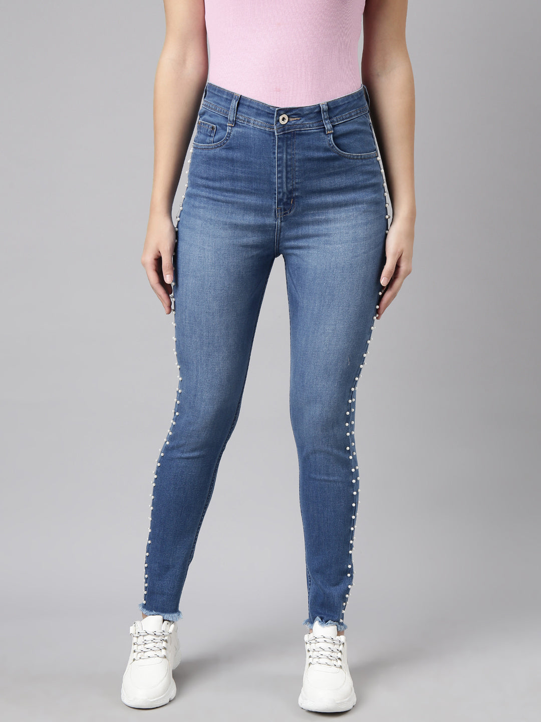 Women's Blue Skinny Fit Light Fade Embellished Stretchable Jeans