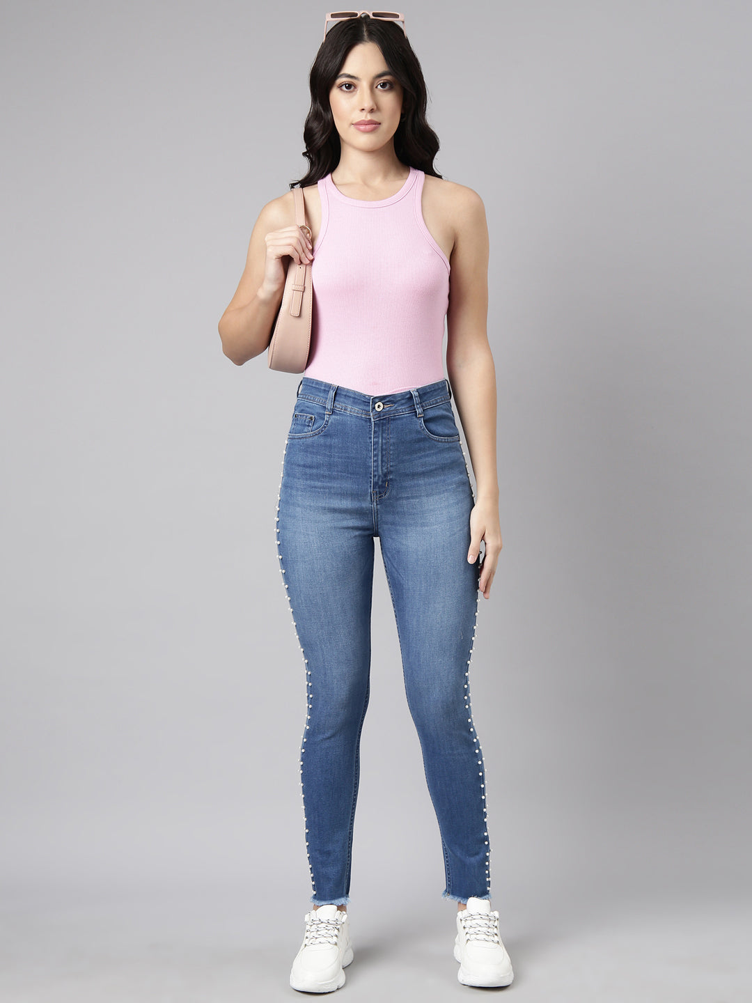 Women's Blue Skinny Fit Light Fade Embellished Stretchable Jeans