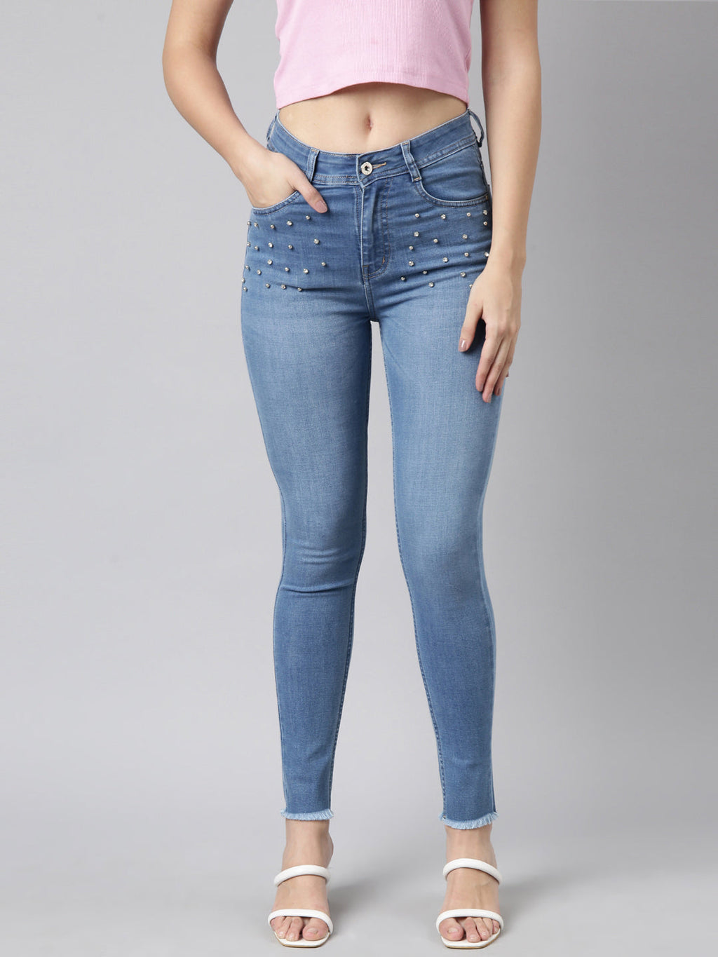 Women's Blue Skinny Fit Light Fade Embellished Jeans