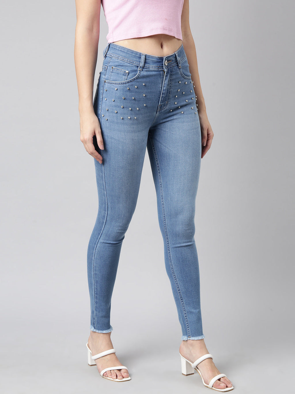 Women's Blue Skinny Fit Light Fade Embellished Jeans