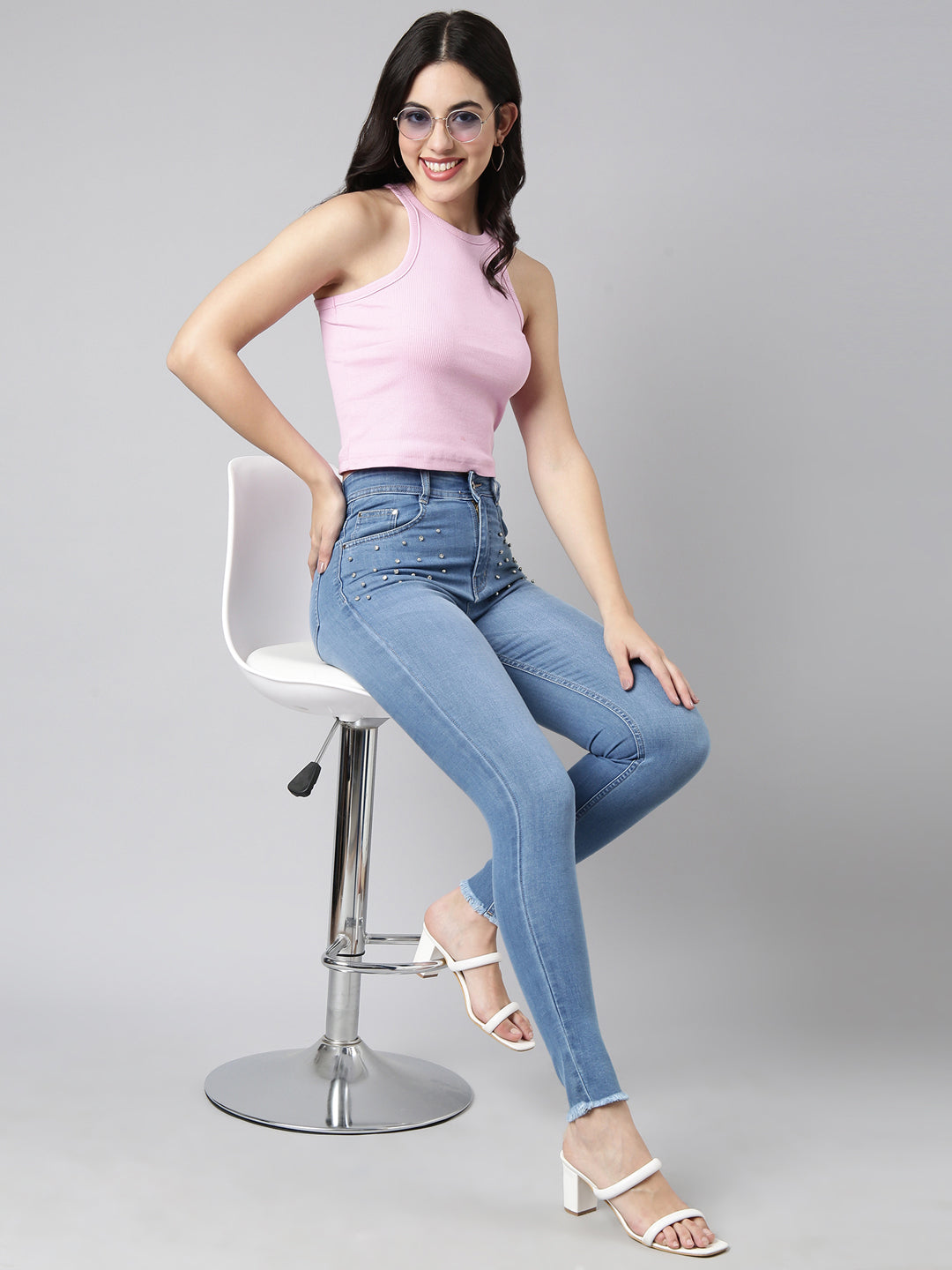 Women's Blue Skinny Fit Light Fade Embellished Jeans